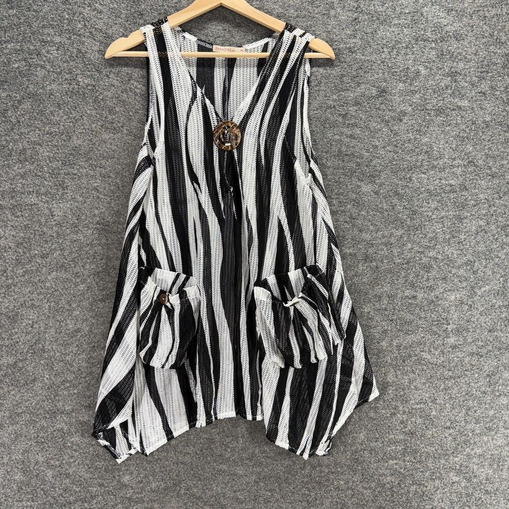Paradise Blouse Women M/L Black Striped V-Neck Sleeveless Wide Strap Pockets